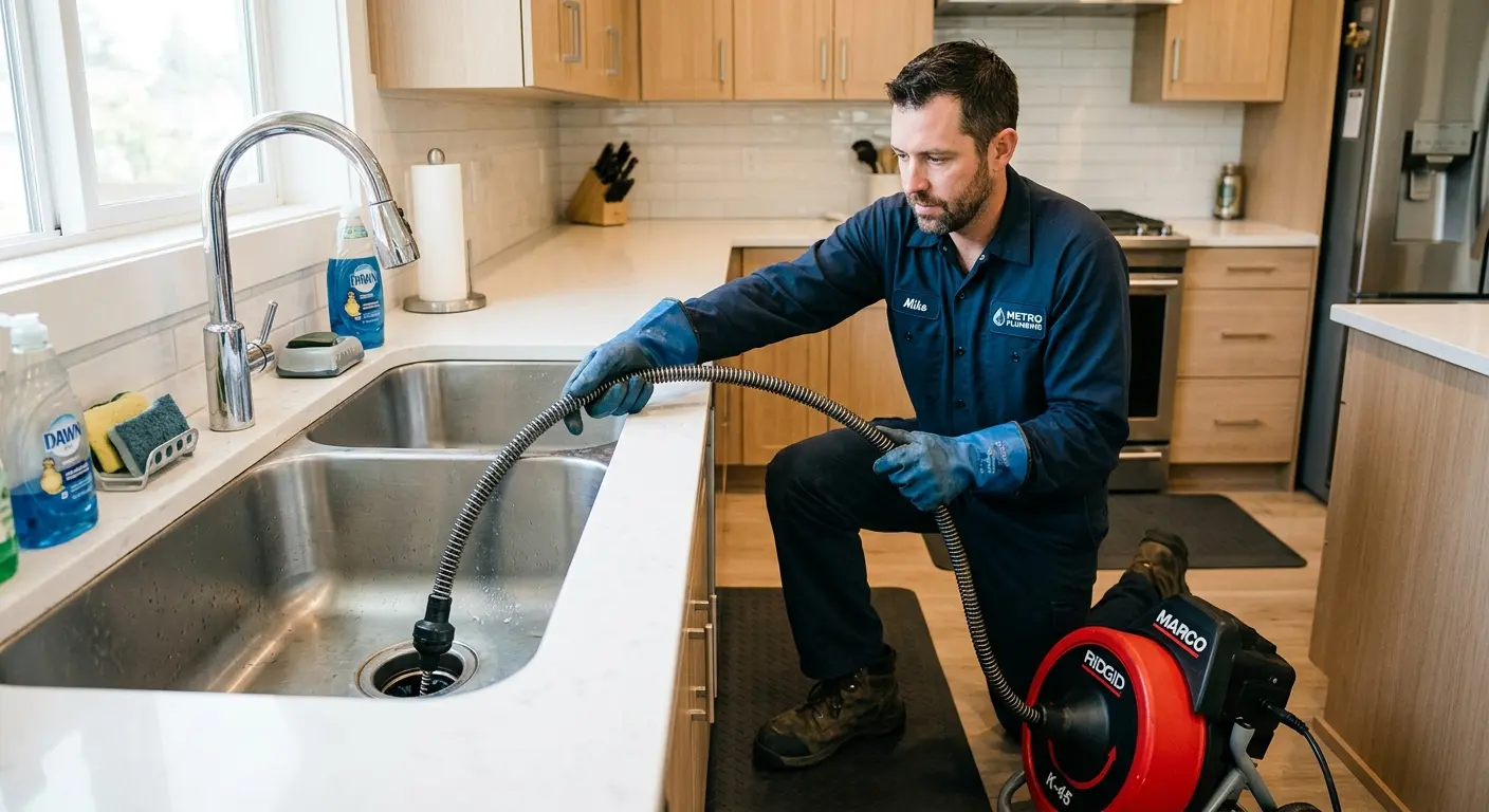 Drain cleaning technician using a motorized snake on a kitchen sink in Stanford