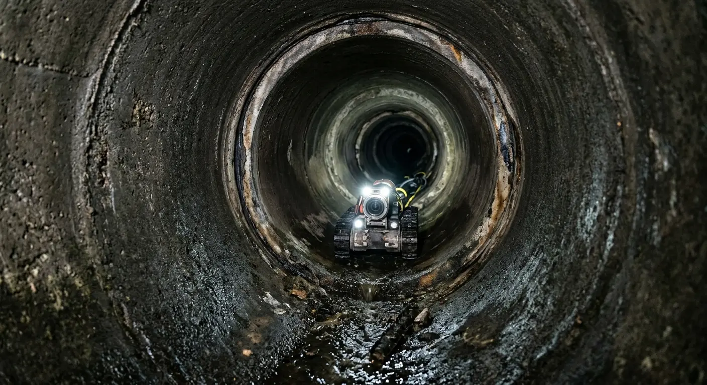Robotic sewer camera inspecting pipe interior for Sewer Line Cleaning in Stanford
