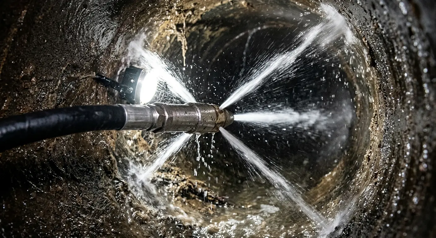 High-pressure hydro jetting nozzle cleaning sewer pipe for Emergency Drain Service in Stanford