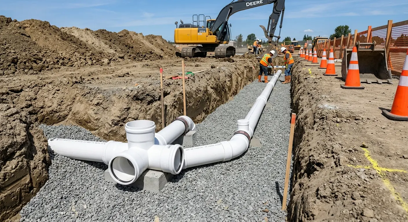 New PVC sewer pipe installation in open trench for Sewer Backup in Stanford
