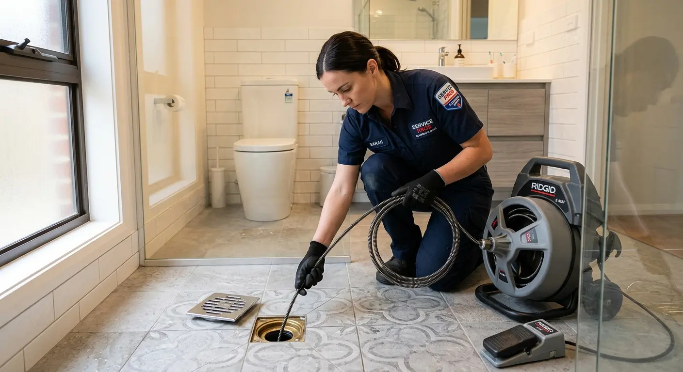 Technician clearing a bathroom floor drain for Drain Cleaning in Stanford